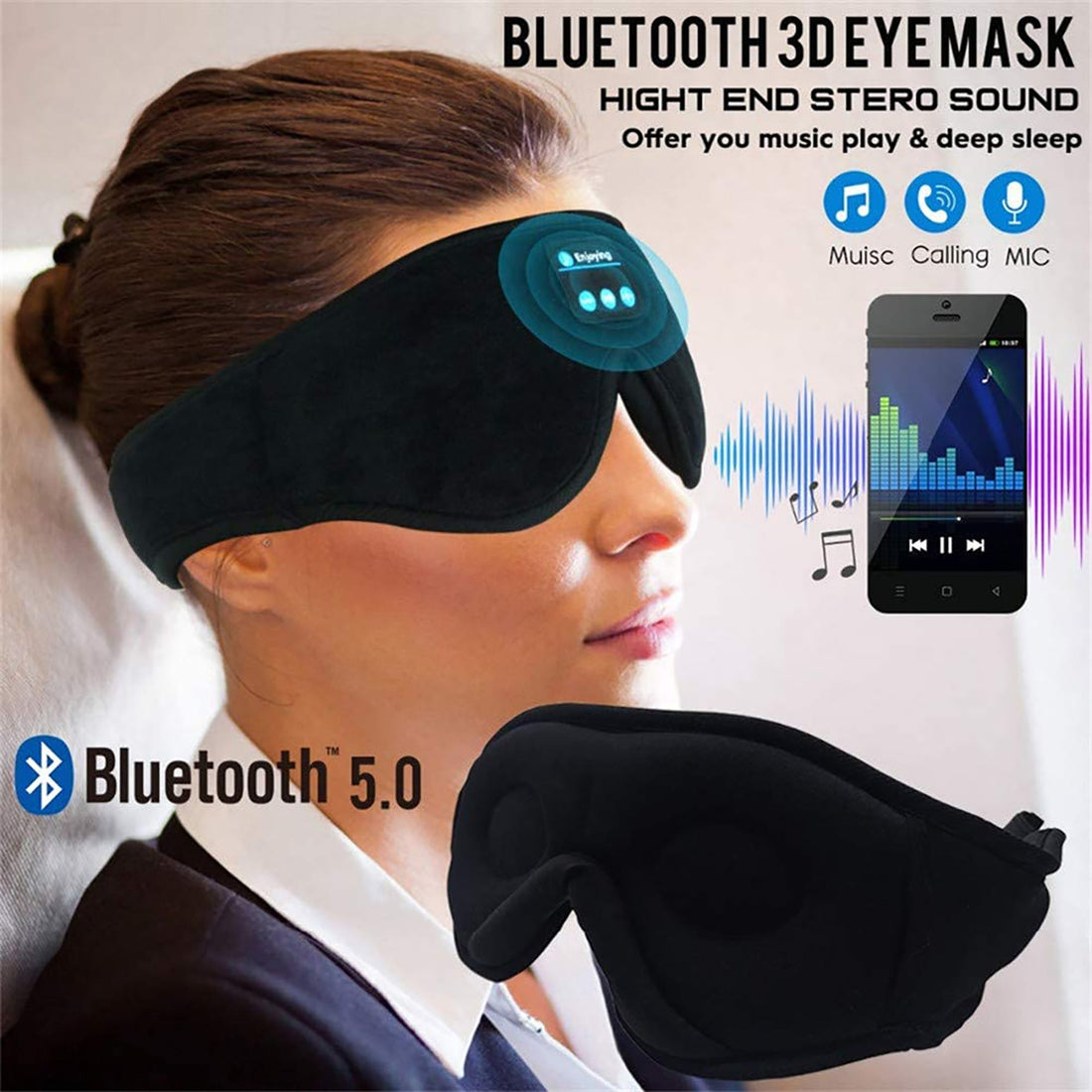 Bluetooth Sleep Mask with Built-in Headphones for Side Sleepers Black
