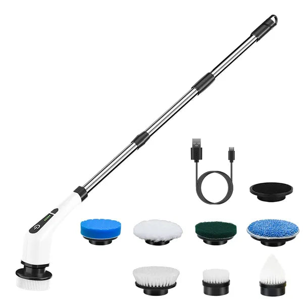 Electric spin scrubber with 8 brush heads and extendable arm
