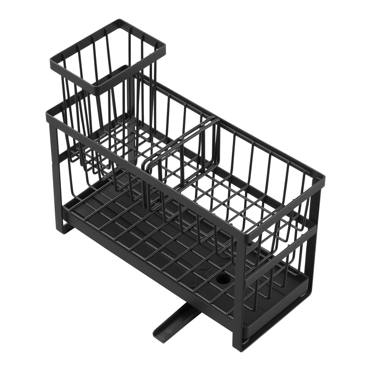 Empty black wire sink caddy shown from an angled side view on a white background