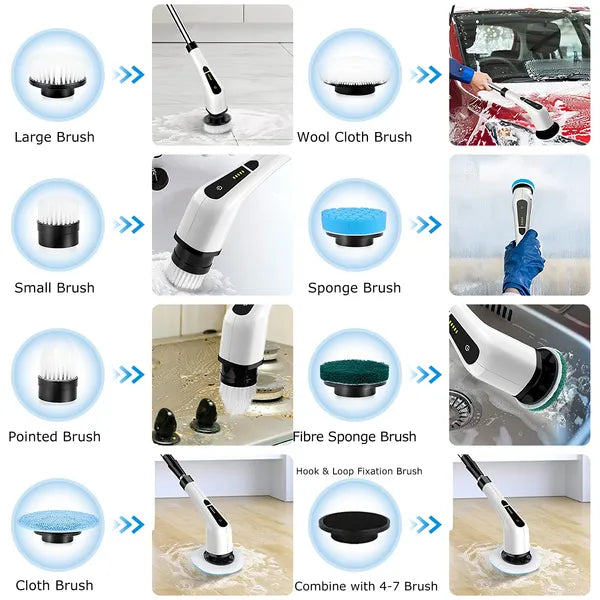 Electric spin scrubber with 8 brush heads and extendable arm