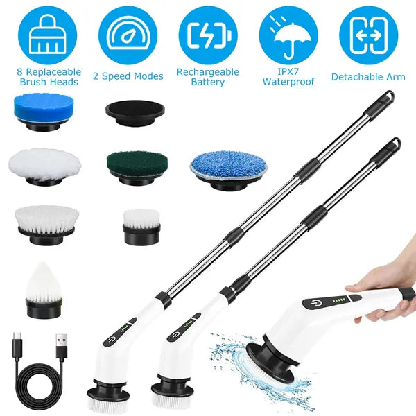 Electric spin scrubber with 8 brush heads and extendable arm