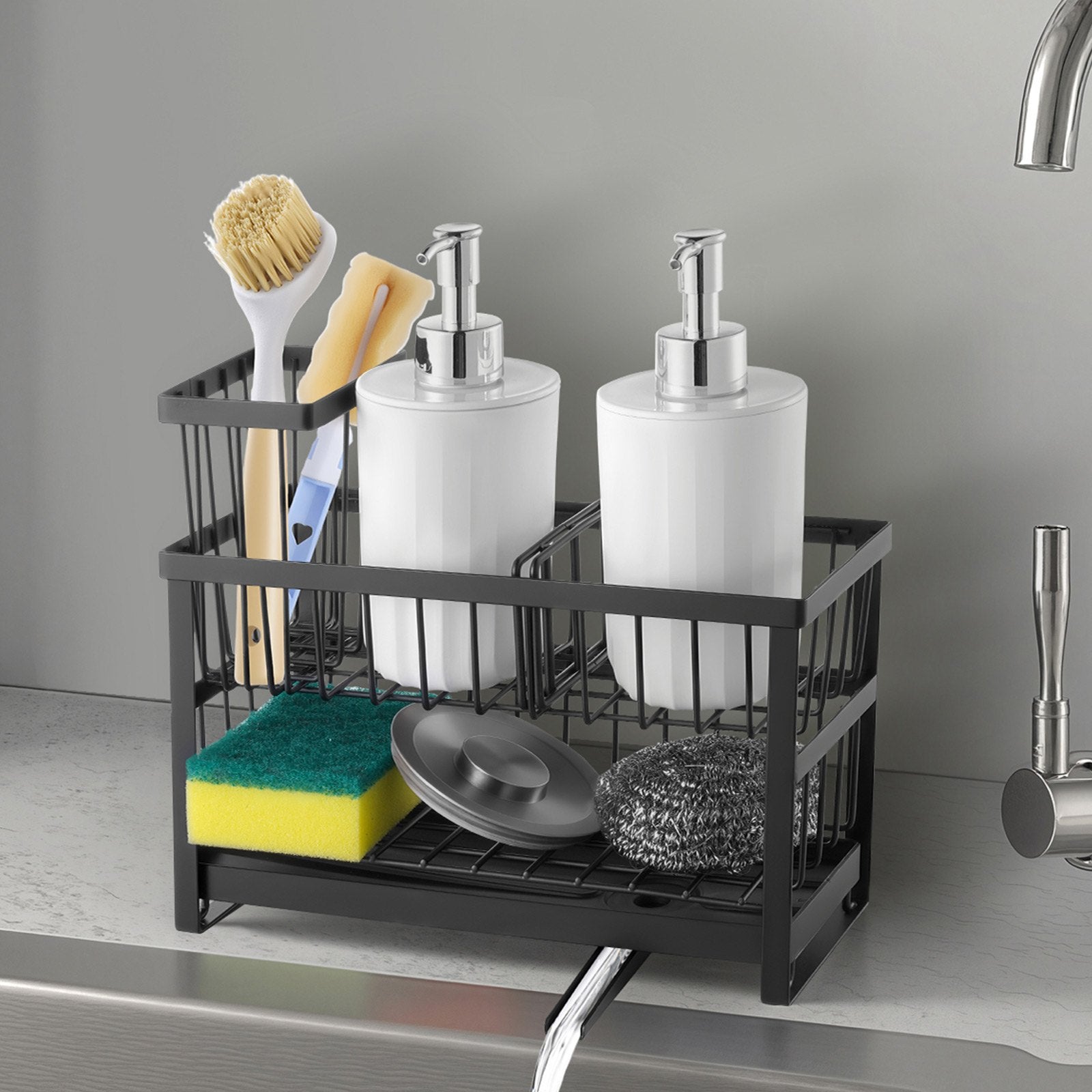 Kitchen sink caddy organizer with sponge holder and drip tray