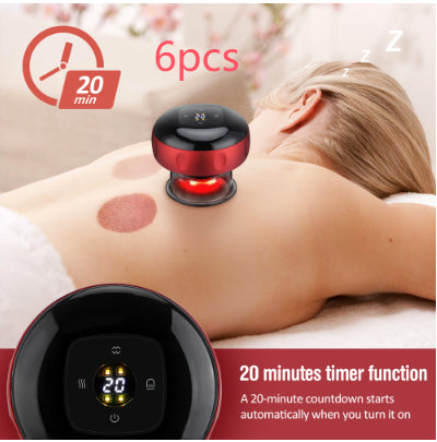 Graphic showing a red cupping device on a person’s back with a timer graphic and control-display inset