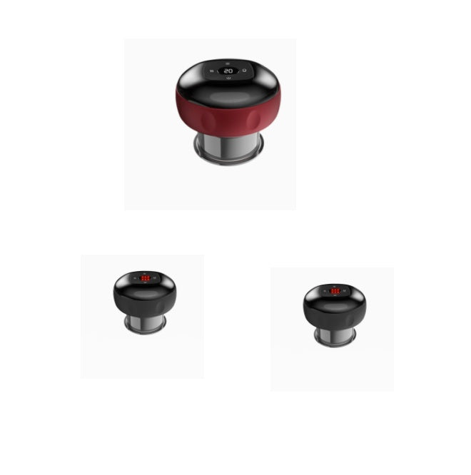 Graphic showing one red and two black cupping devices on a white background