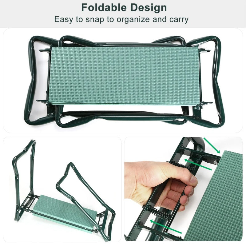 Foldable garden kneeler and seat with EVA cushion and tool pouch