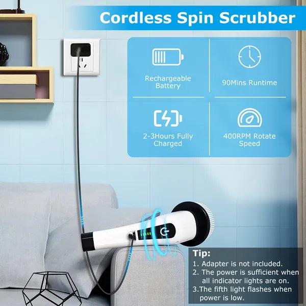 Electric spin scrubber with 8 brush heads and extendable arm