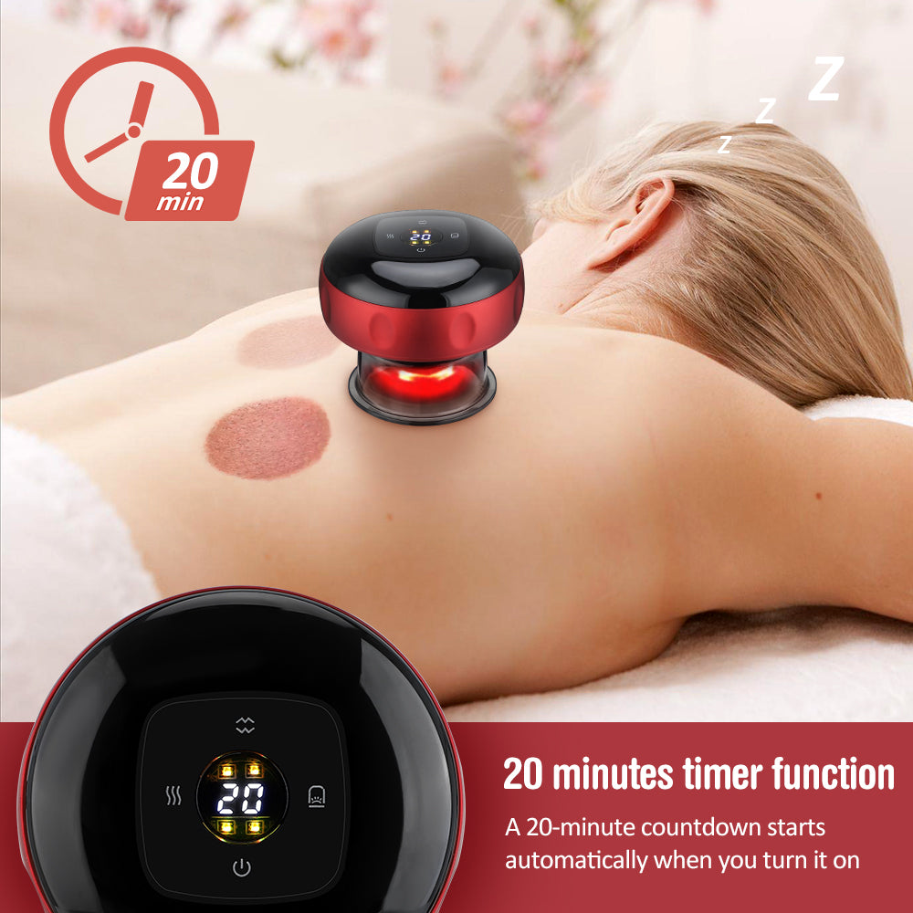Graphic showing a red cupping device held above a person’s back with two red circular marks and “One-key pressure relief” text