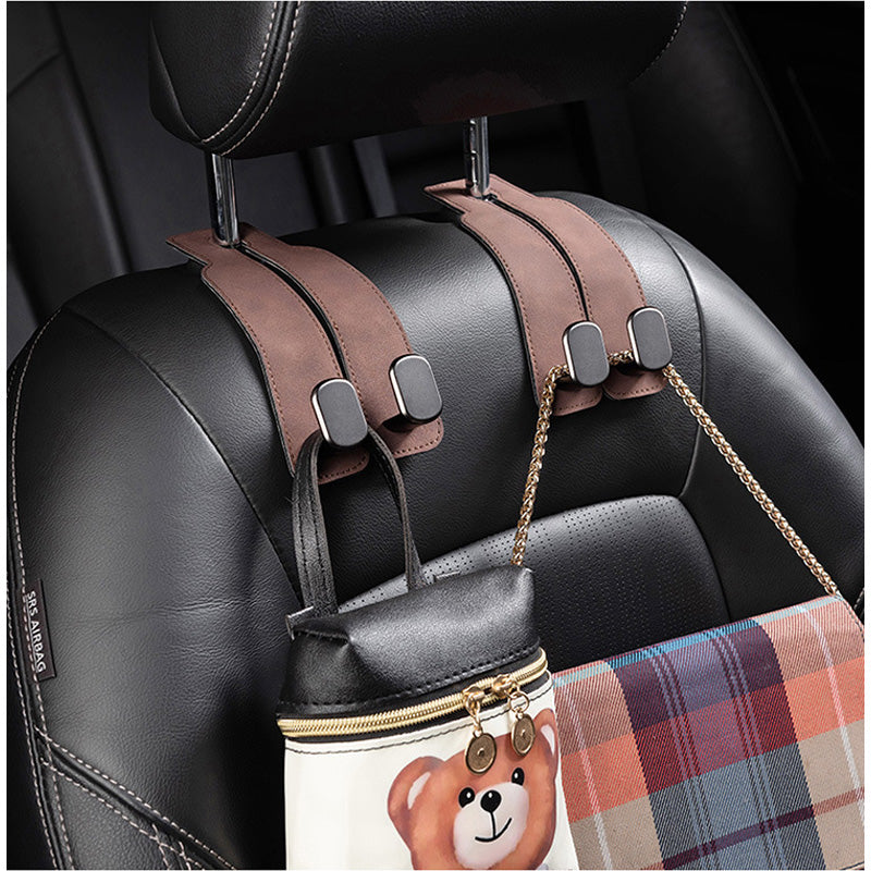 Car seat headrest hooks with leather and metal purse bag hanger