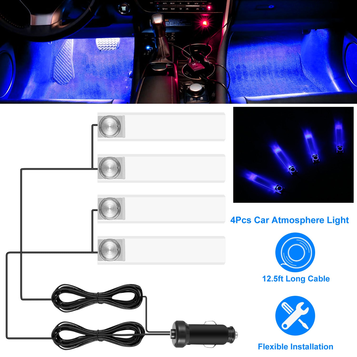 4-piece blue car interior LED atmosphere light kit
