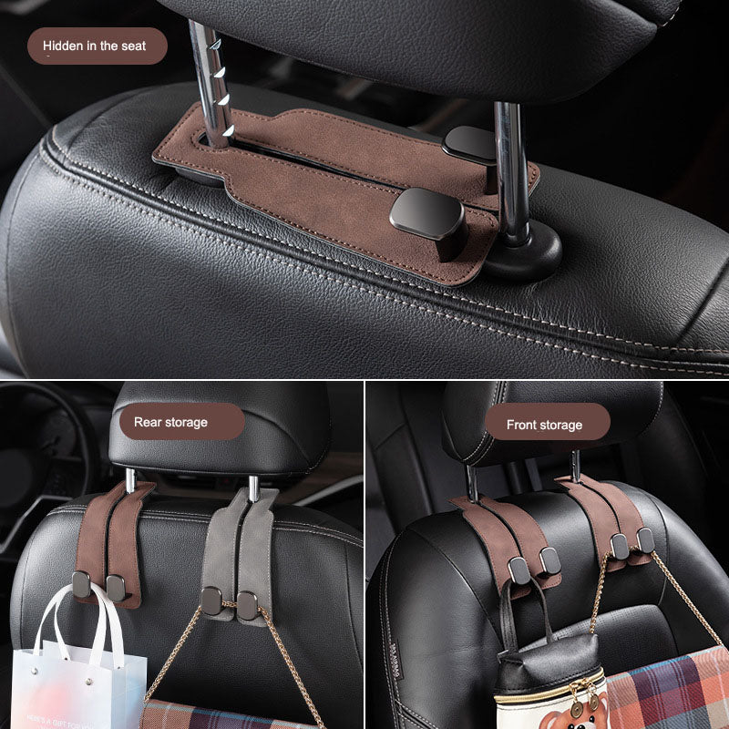Car seat headrest hooks with leather and metal purse bag hanger