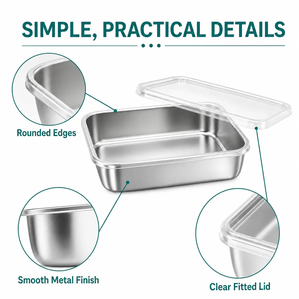 Rectangular stainless steel food container and transparent lid