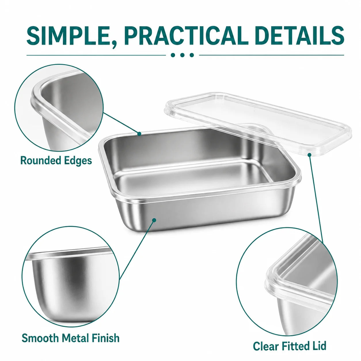 Rectangular stainless steel food container and transparent lid