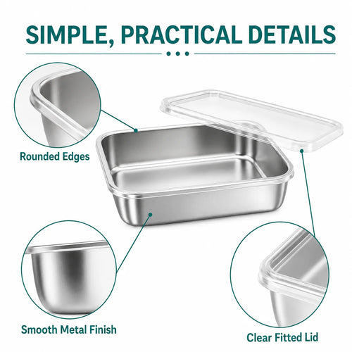 Rectangular stainless steel food container and transparent lid