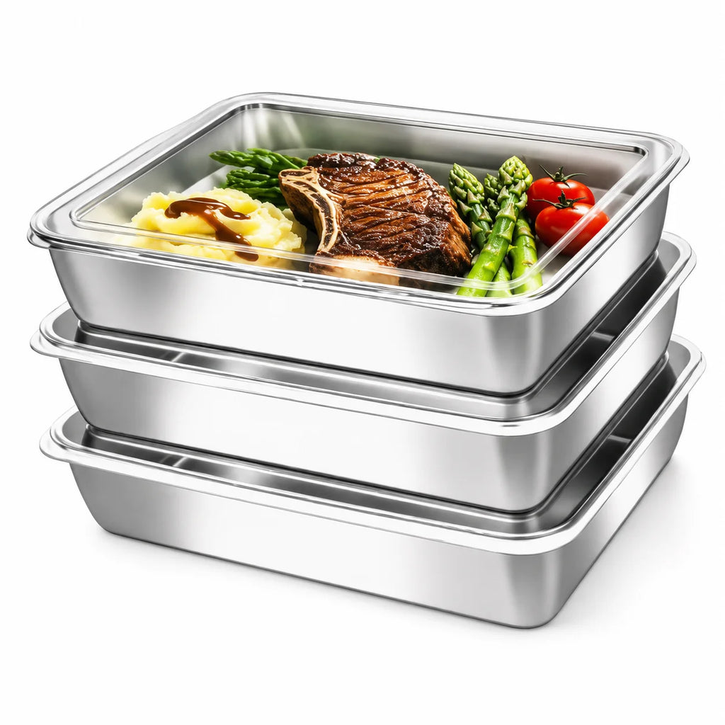Rectangular stainless steel container for meal and leftover storage