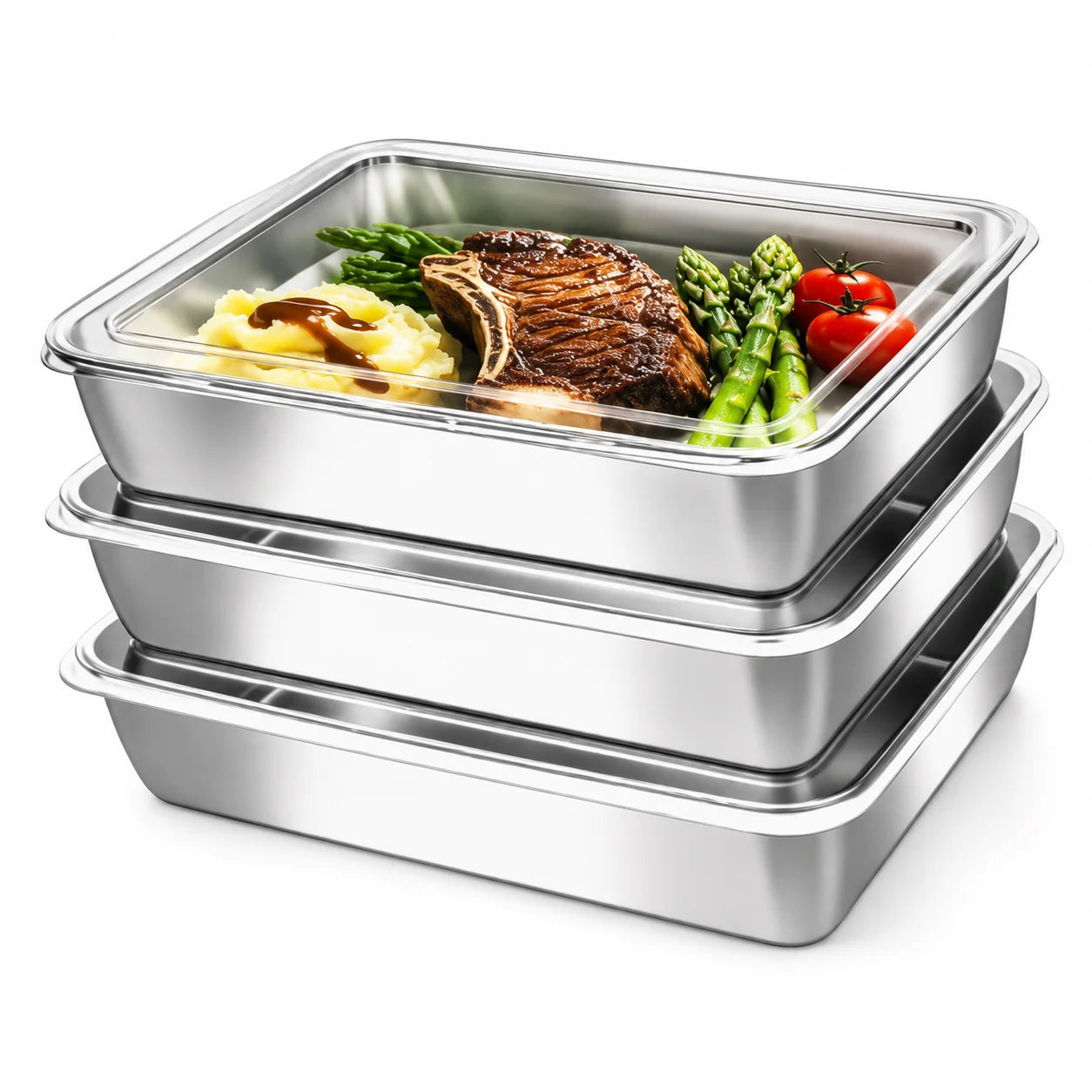 Rectangular stainless steel container for meal and leftover storage
