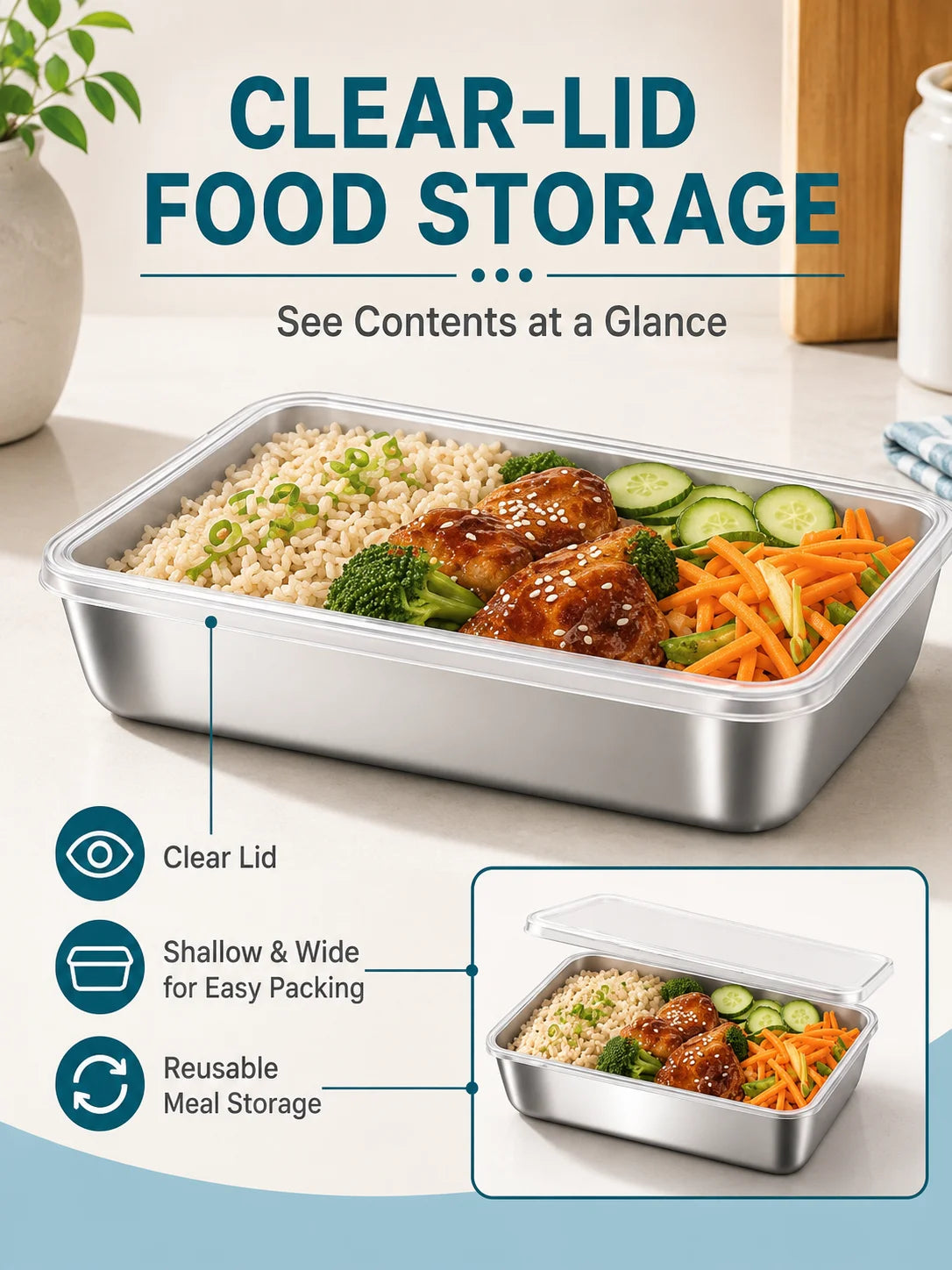 Stackable stainless steel food containers with transparent lids