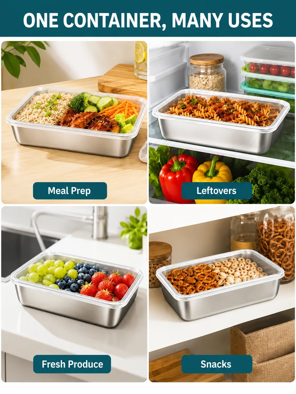 Multiple stainless steel food containers arranged with clear lids