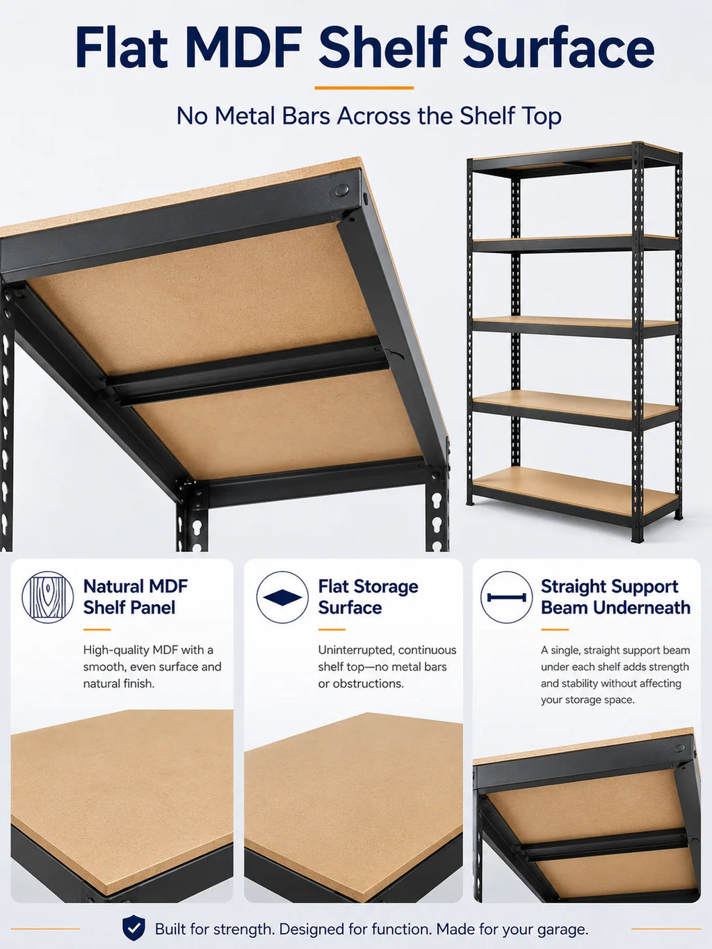 Close view of an MDF shelf panel supported by the black metal frame