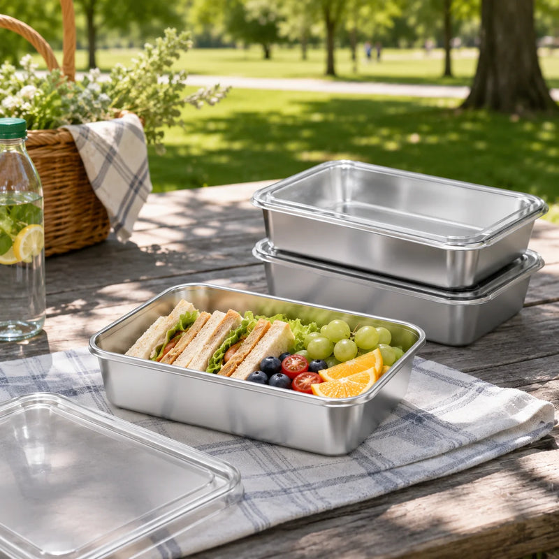 Stainless steel food storage container with a clear fitted lid