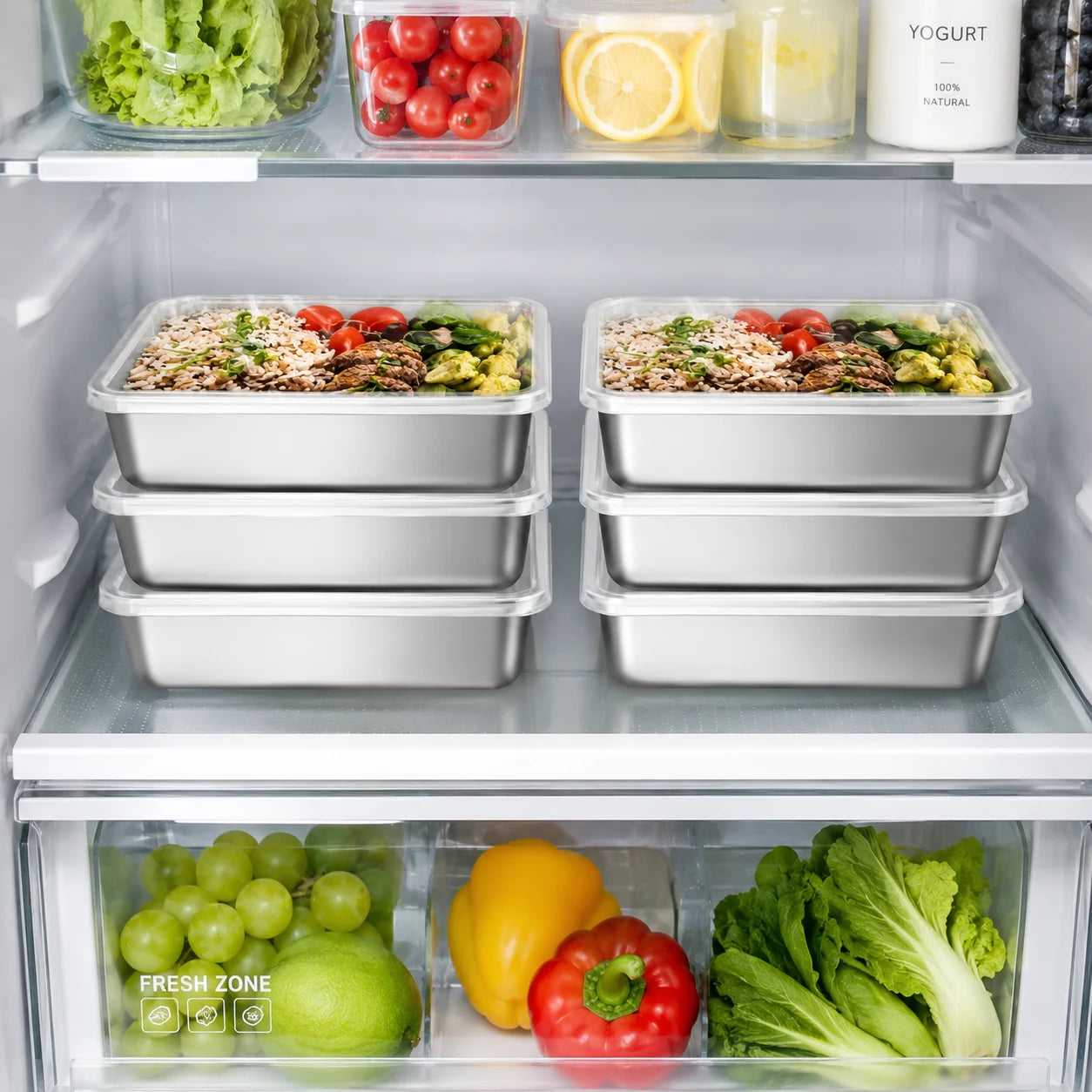 Clear lid paired with a shallow stainless steel food container