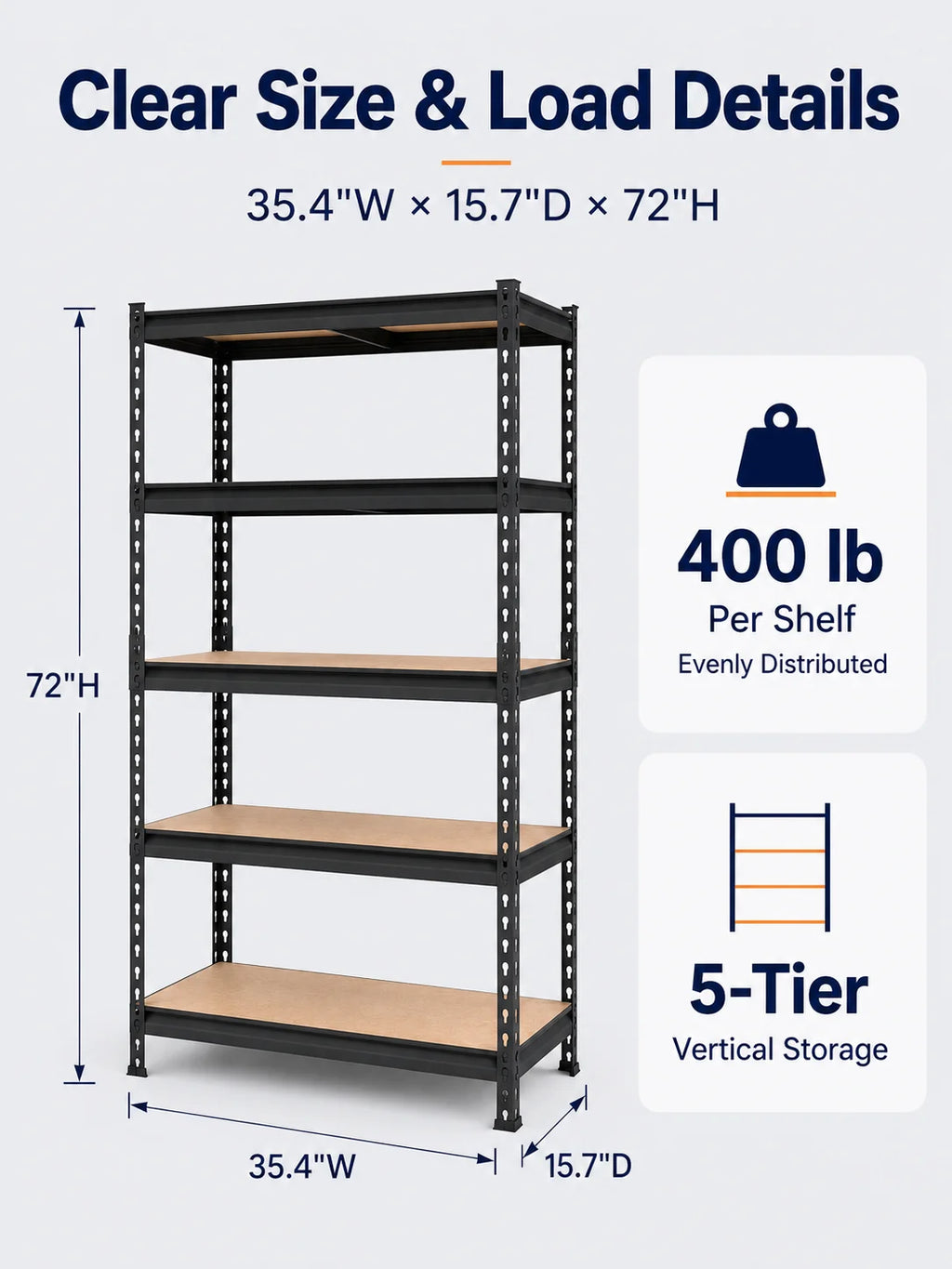 Front view diagram showing the shelving unit's width, depth, and height