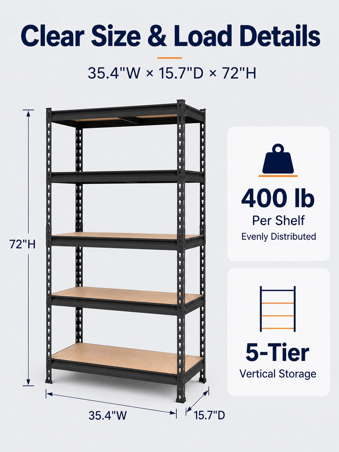 Front view diagram showing the shelving unit's width, depth, and height