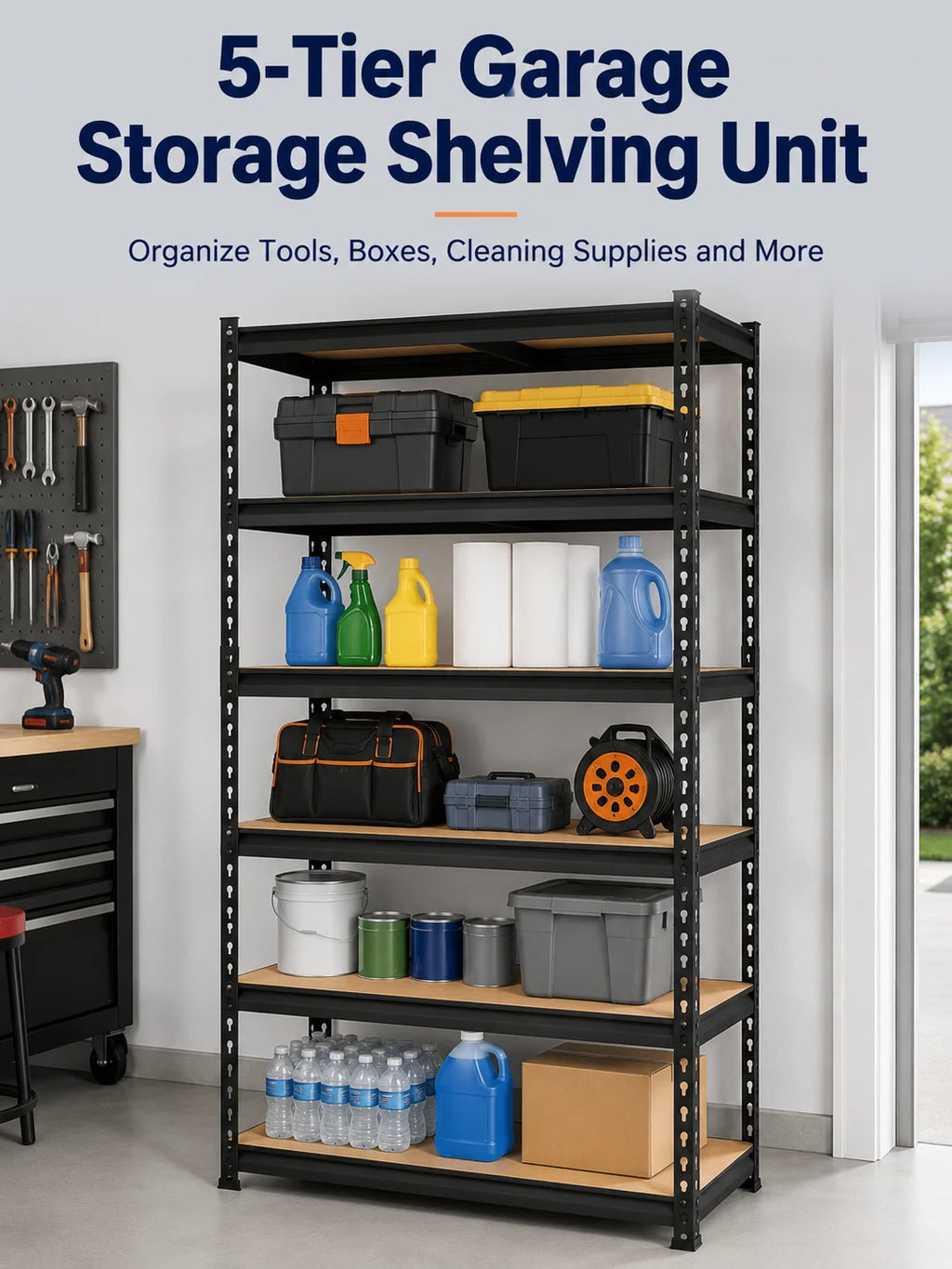Five-level garage shelving unit holding tool cases, bottles, bins, and boxes
