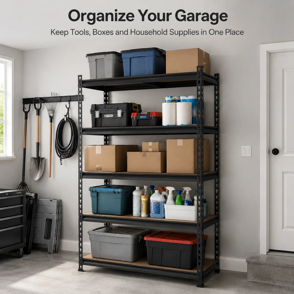Tall black shelving unit organizing bins, boxes, and garage supplies