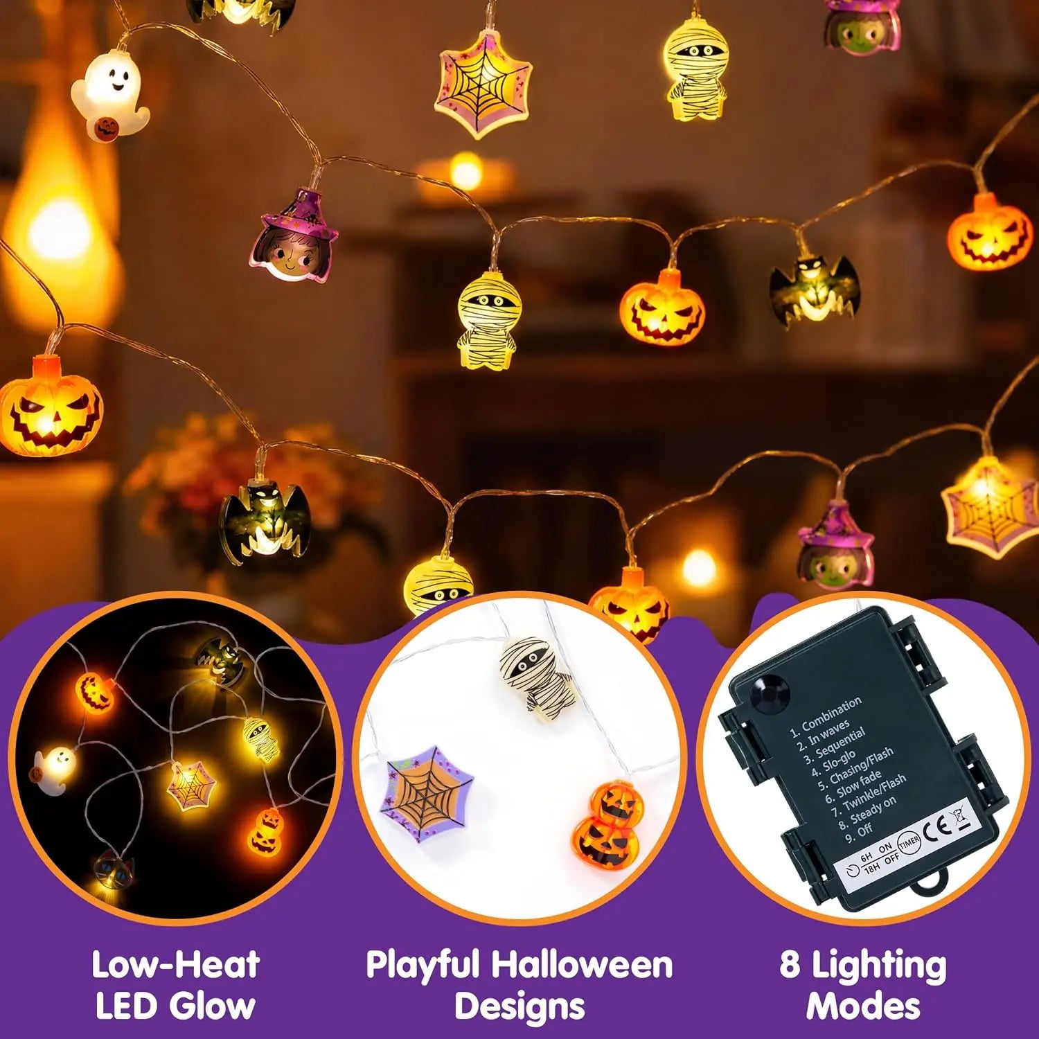 30 LED Halloween ghost and pumpkin string lights for indoor and outdoor decor