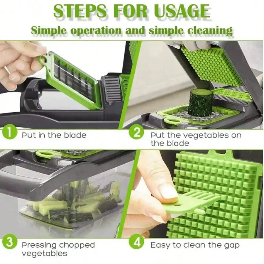 Illustrated steps for installing a dicing insert, chopping vegetables and cleaning the grid