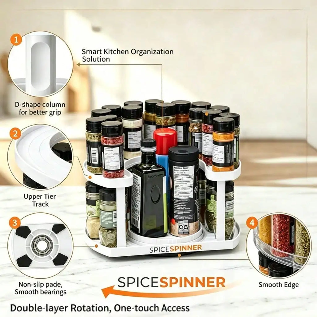 D-shaped spice organizer with callouts for the upper track, rotating base, and nonslip pads