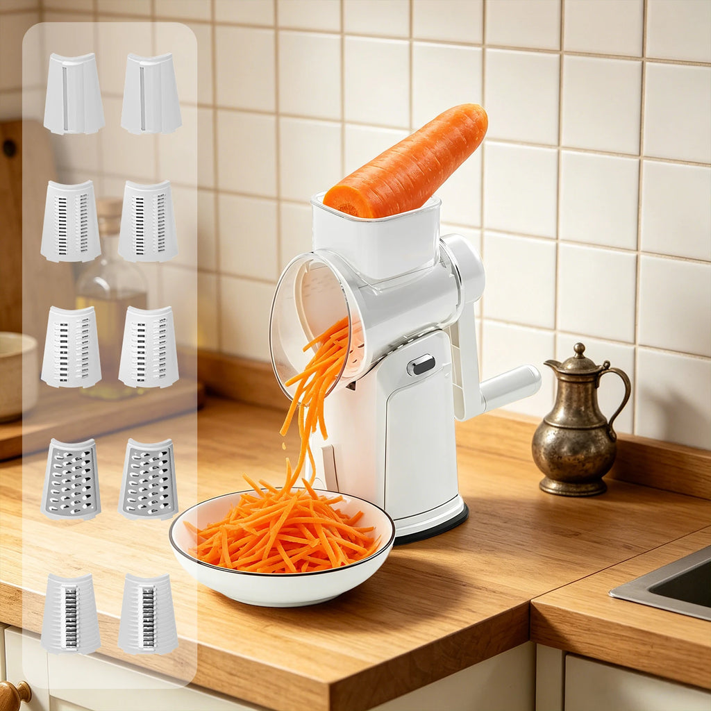 White manual rotary grater shredding a carrot with five cutting styles displayed