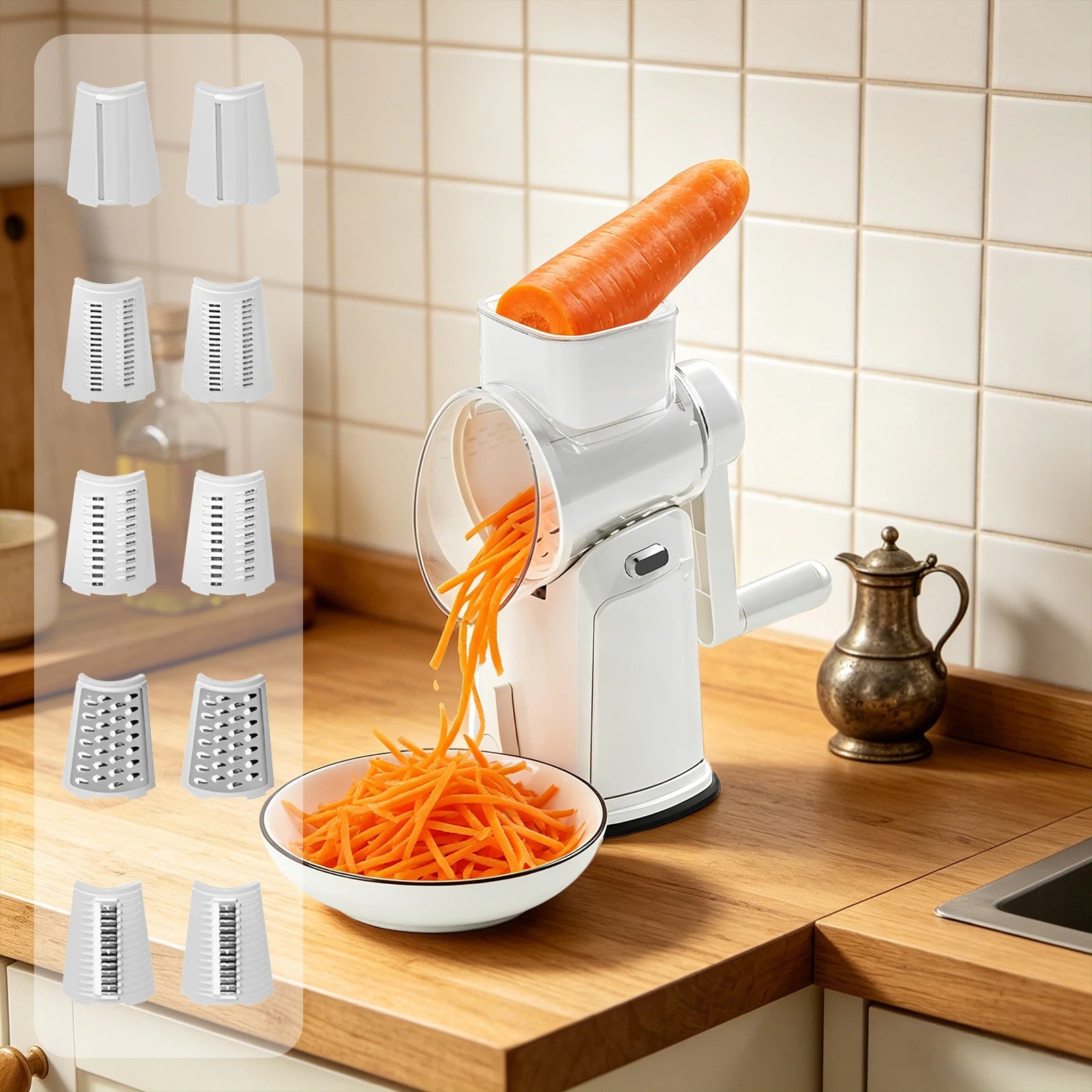 White manual rotary grater shredding a carrot with five cutting styles displayed
