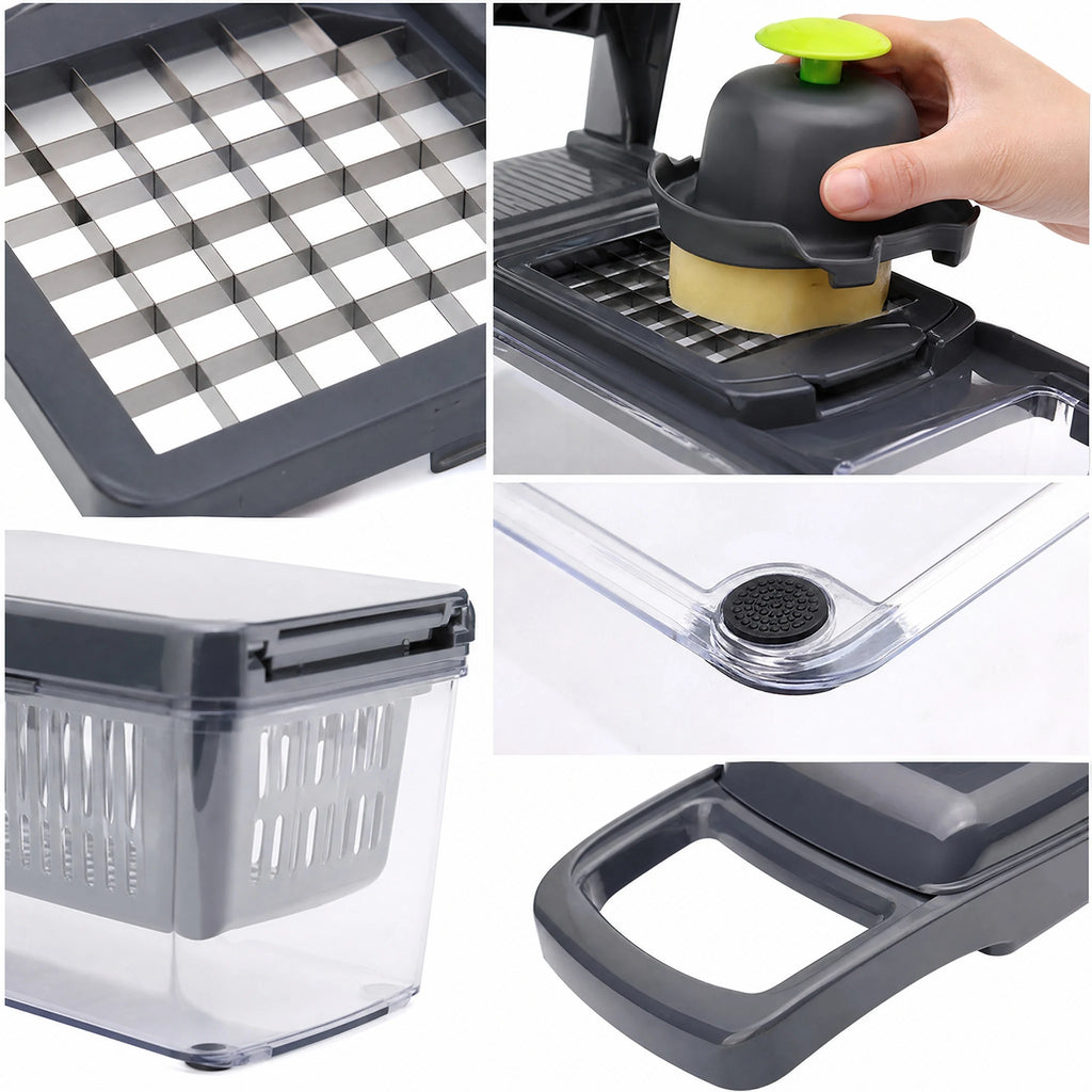 Close-up views of the dicing grid, food holder, container base, and fitted components