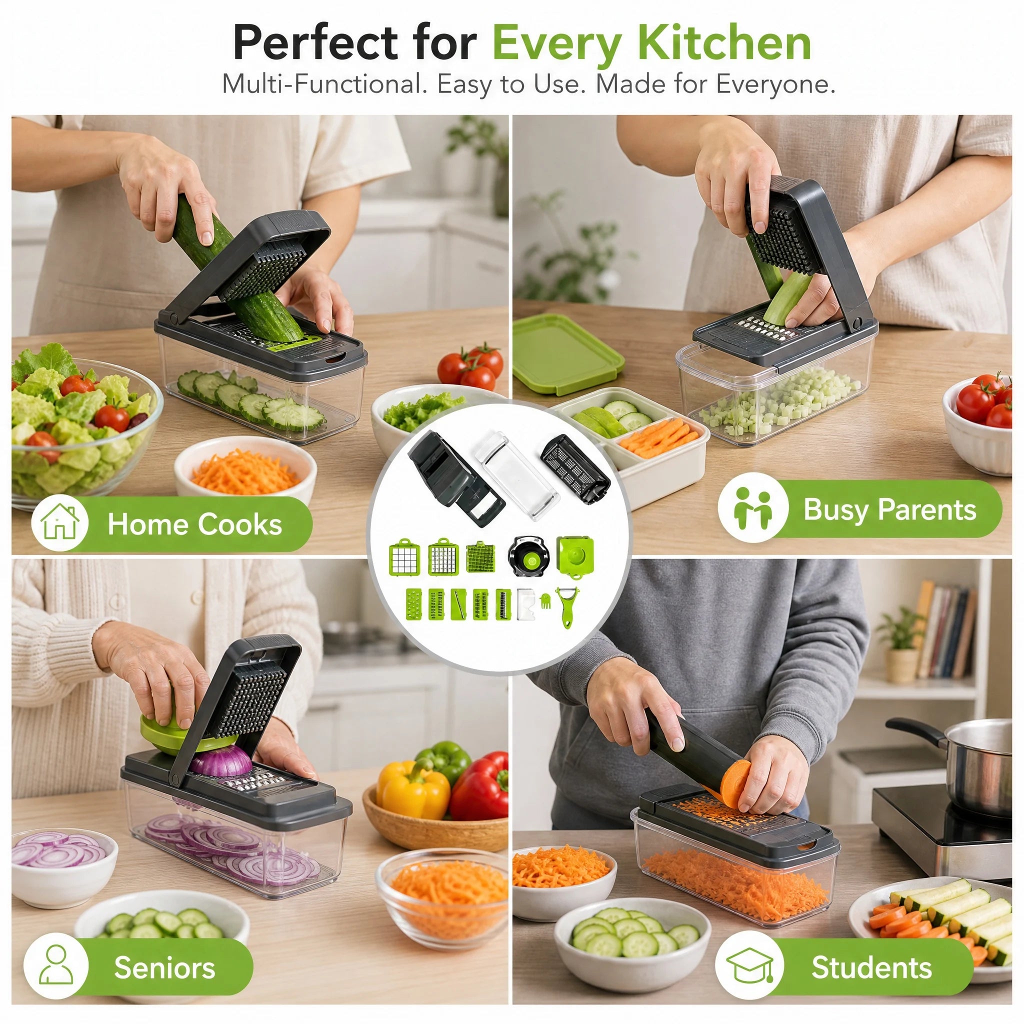 Vegetable chopper demonstrated with several vegetables and cutting methods