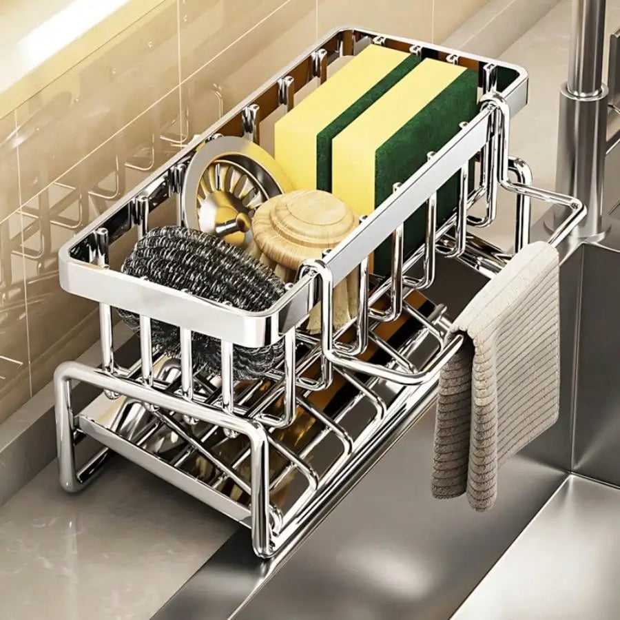Kitchen sink organizer with divided storage and drain tray