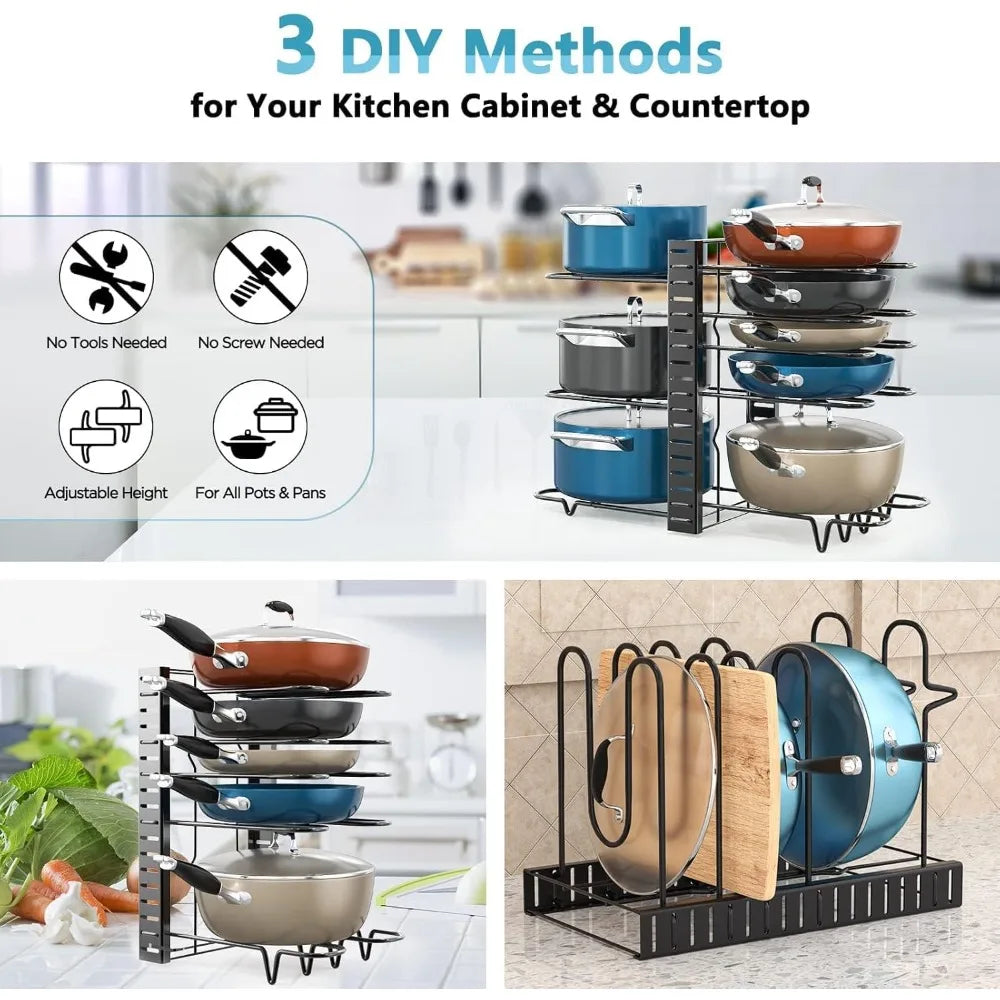 Three pot rack layouts for pans, pots, lids, and cutting boards