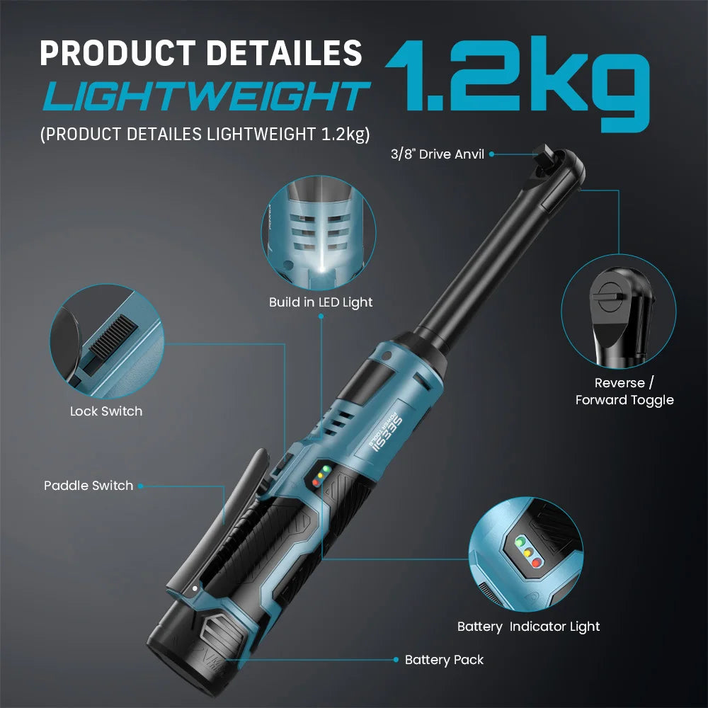 SeeSii 12V 3/8" Cordless Ratchet Wrench – 6" Extended Reach