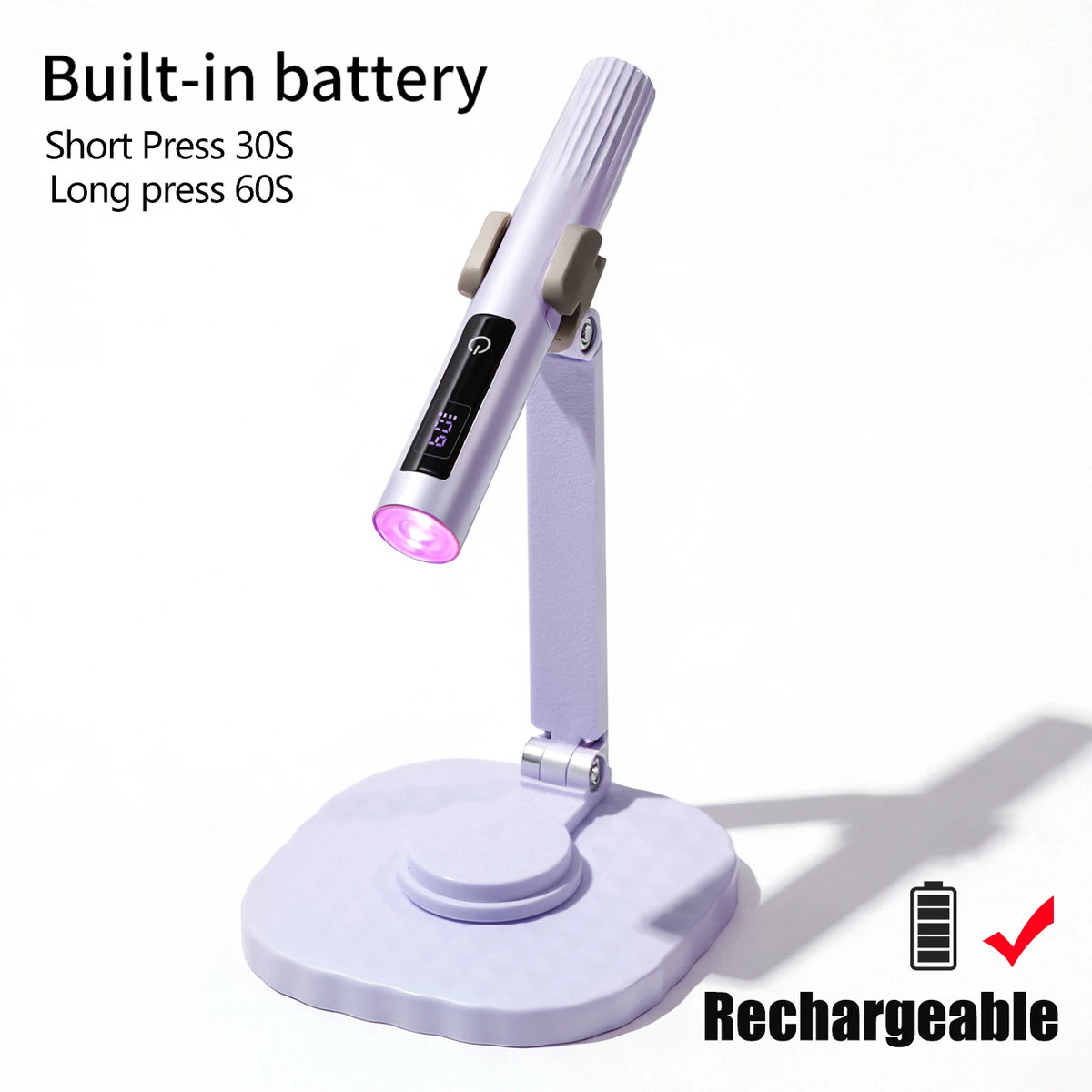 Purple rechargeable nail lamp on stand with timer instructions
