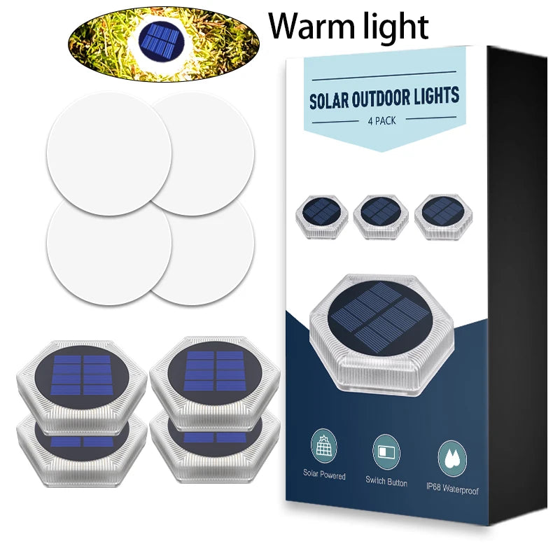 Product graphic showing hexagonal solar lights, a package, and an illuminated light inset.