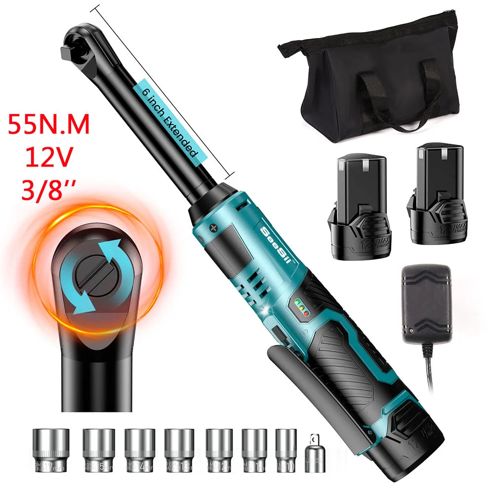 SeeSii 12V 3/8" Cordless Ratchet Wrench – 6" Extended Reach