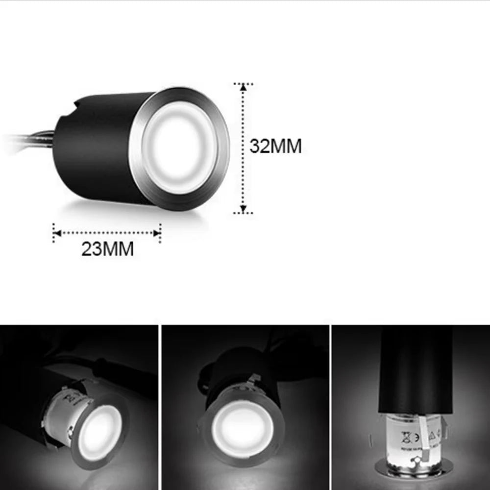 Specification graphic showing a cool-colored recessed light with dimension labels and close-up installation views.