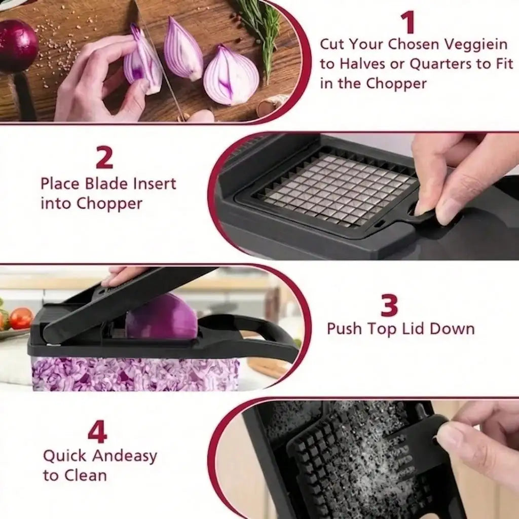 Four-step guide for cutting onion with the manual vegetable chopper