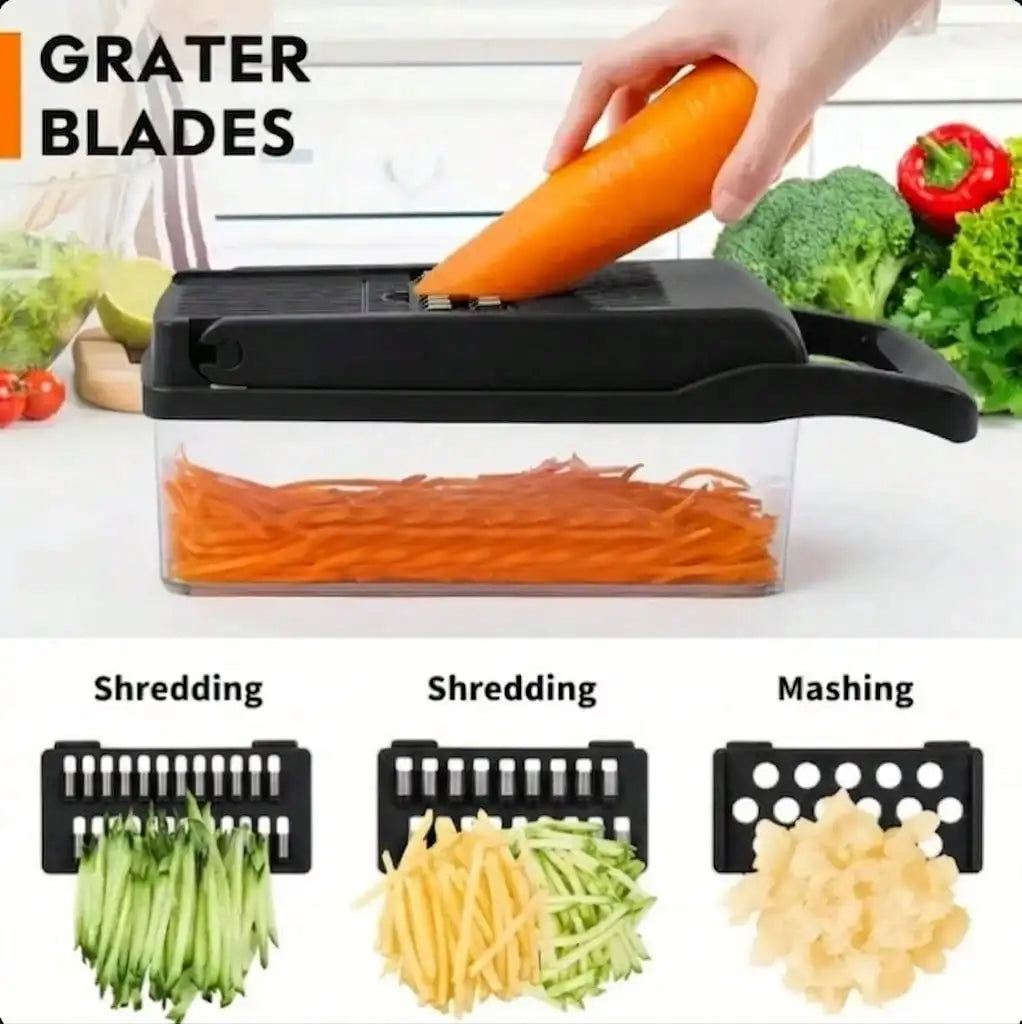 Manual grater shredding carrot into container with three insert results shown
