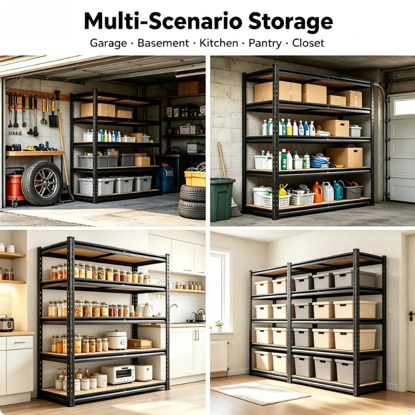 Five-tier utility shelving shown in garage, pantry, basement, and closet settings