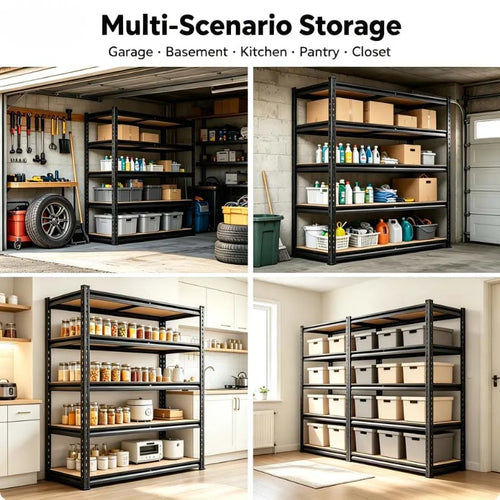 Five-tier utility shelving shown in garage, pantry, basement, and closet settings
