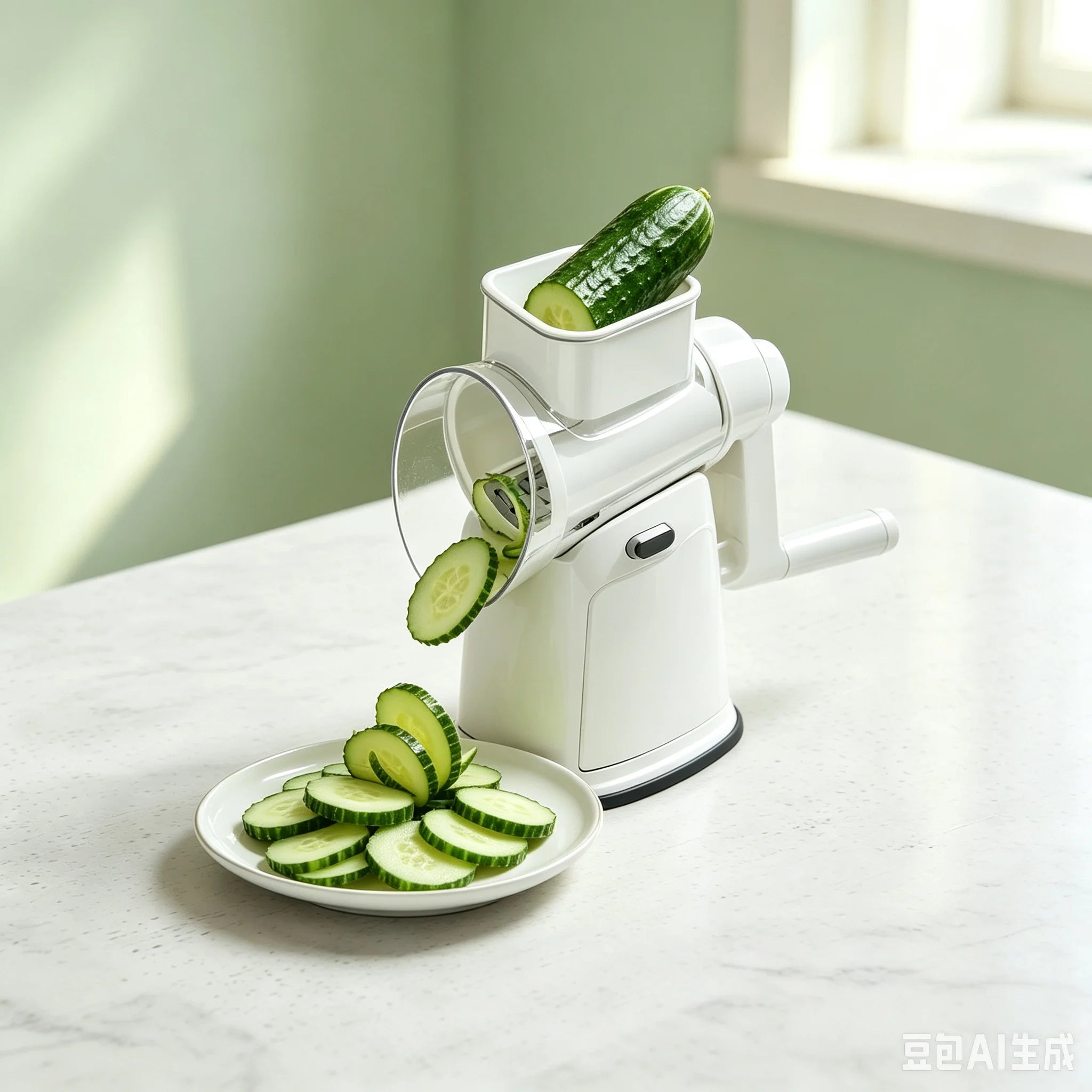 White hand-crank vegetable slicer cutting cucumber rounds