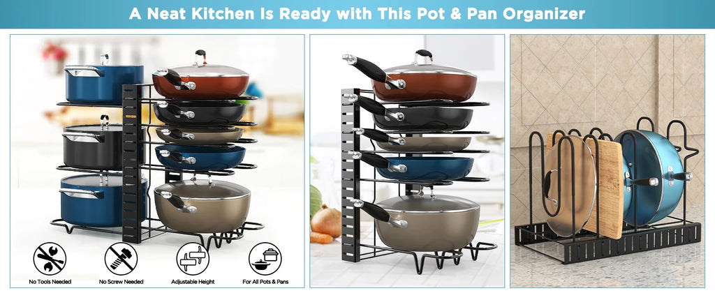 Black eight-tier cookware organizer loaded with pots and frying pans