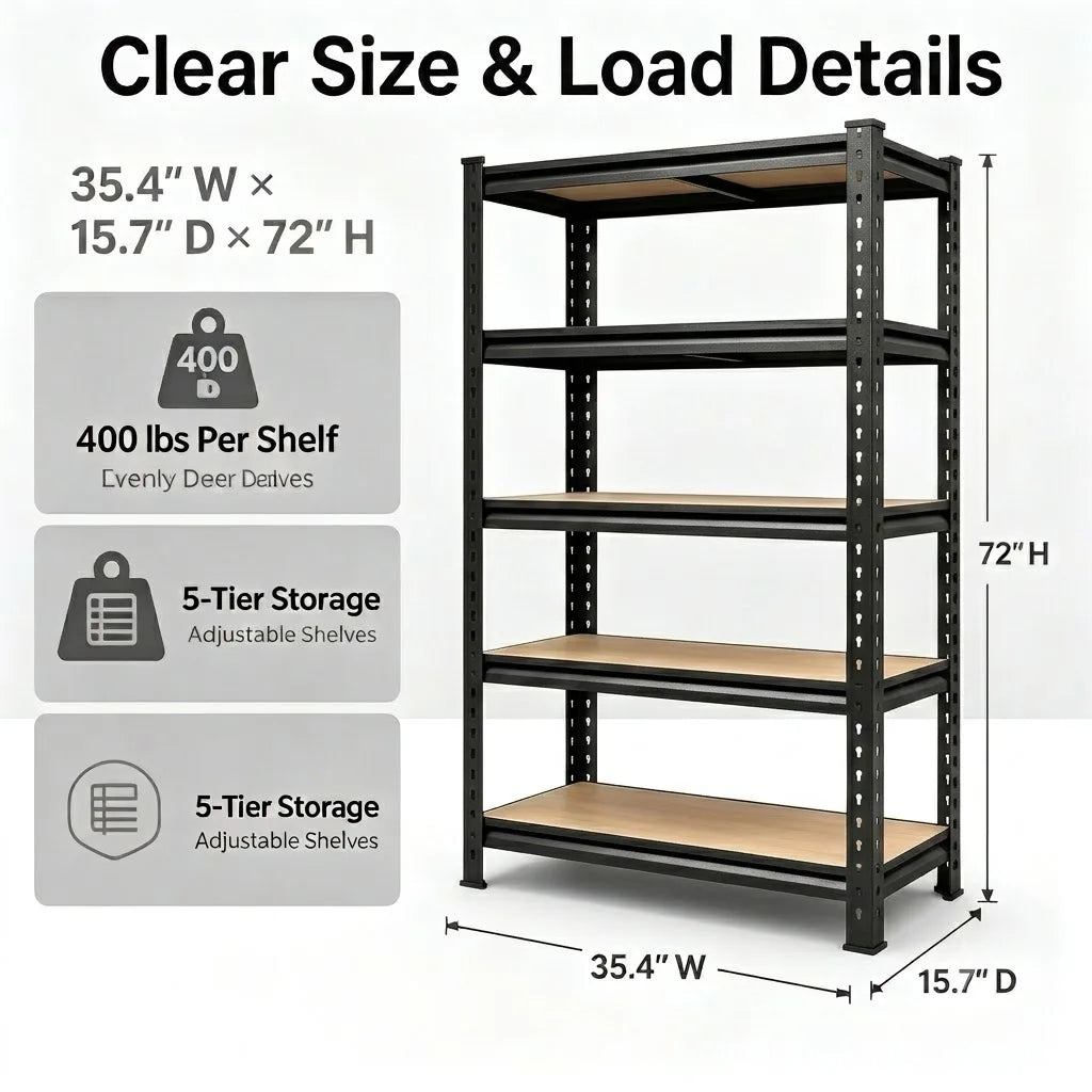 Product dimension diagram for the five-tier freestanding shelving unit