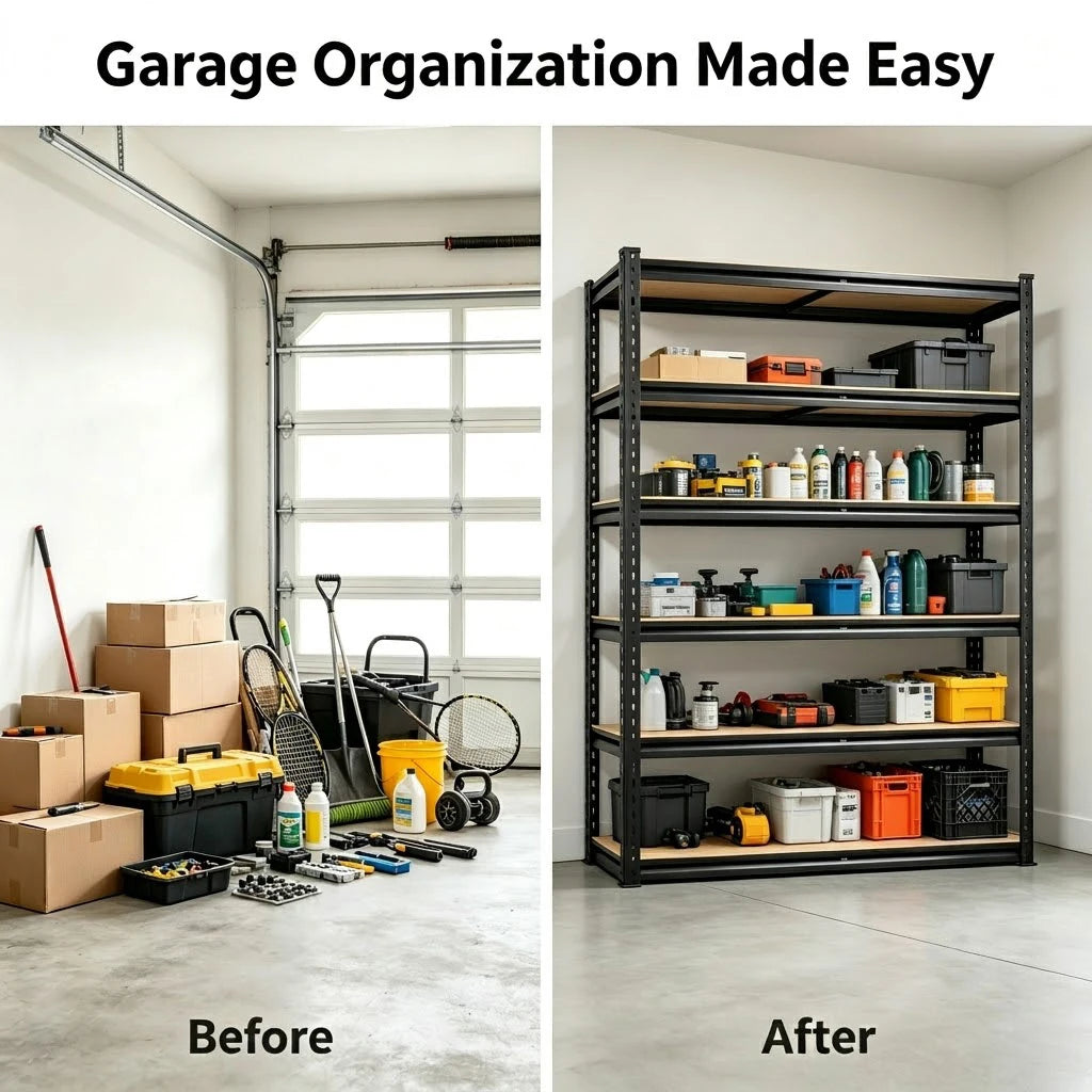 Garage storage area shown before and after adding a five-tier shelving unit